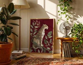 Seated Leopard Poster | Vintage Botanical Animal Print | Folk Art Wildlife Wall Decor