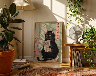 Japanese Black Cat Poster | Mid-Century Modern Toilet Print