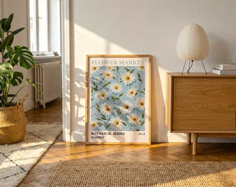 Vintage Daisy Print | Blue Botanical Wall Art | Cottagecore Floral Poster for Cheerful Spring Decor