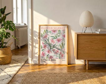 Lámina floral de lirios vintage / Arte mural botánico estilo cottagecore / Póster decorativo romántico de flores rosas y rojas