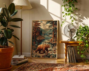 Brown Bear Wilderness Poster | Vintage National Park Wall Art | Rustic Mountain Lake Animal Print