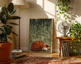 Sleeping Tabby Cat Art Print | Minimalist Willow Tree Illustration