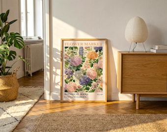 Póster de jardín campestre / Lámina artística botánica floral vintage, fondo crema