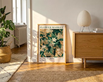 Jasmine Botanical Print | Vintage Floral Wall Art, Cream Flowers, Warm Beige Background
