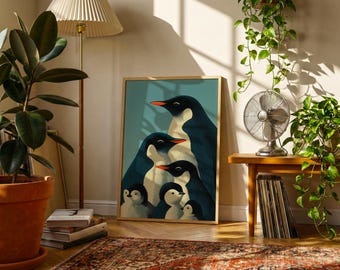 Penguin Family Poster | Vintage Wildlife Wall Art | Mid Century Animal Print with Chick
