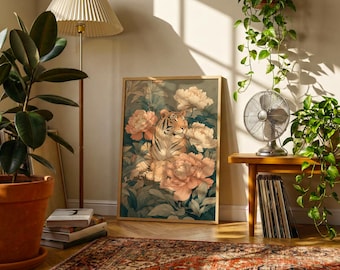 Póster de tigre y peonía / Estampado animal de estilo japonés vintage / Arte mural floral con tigre