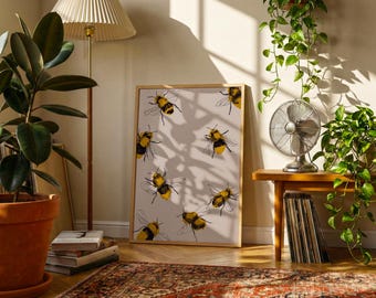 Honeybee Swarm Poster | Minimalist Bee Wall Art | Vintage Nature Print on Cream Background