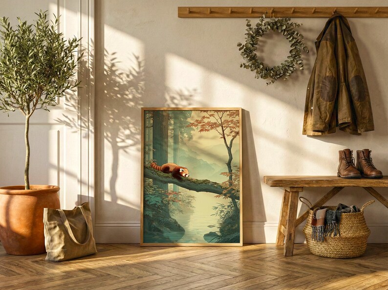 May include: A framed art print depicts a red panda resting on a tree branch in a forest scene. The artwork features a warm color palette with shades of green, brown, and orange. The print is displayed against a white wall with a wooden bench and coat rack.