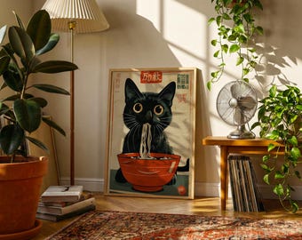 Black Cat Noodles Art Poster | Japanese Mid-Century Modern Poster