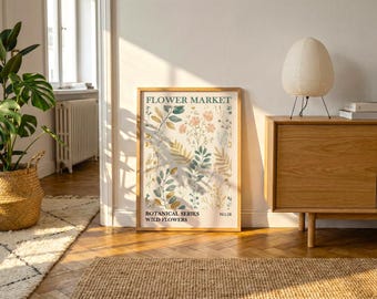 Estampado vintage de flores silvestres / Arte mural floral azul empolvado, decoración rústica