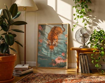 Ink Tiger Lotus Pond Art Print | East Asian Scroll Style