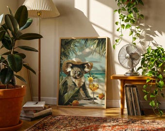 Koala Beach Poster | Tropical Animal Wall Art | Vintage Coastal Vacation Print