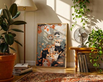 Whimsical Cats Autumn Pond Art Print | East Asian Folk Style