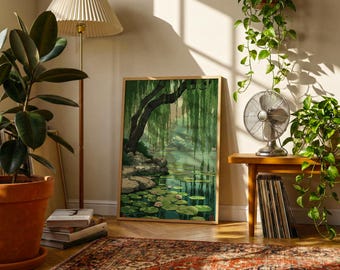 Japanese Garden Willow Pond Art Print | Shin-Hanga Style
