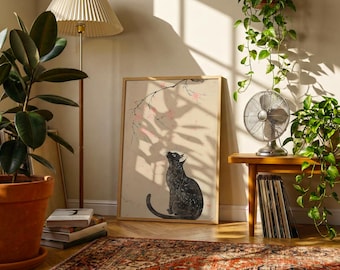 Minimalist Cat Sakura Poster | East Asian Ink Style Print | Zen Cherry Blossom Wall Art