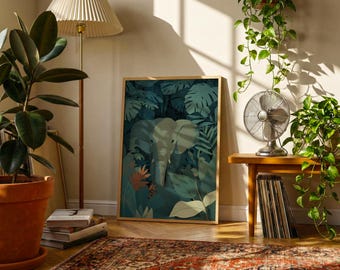 Young Elephant Jungle Poster | Vintage Tropical Wildlife Wall Art | Botanical Safari Print