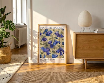Lámina vintage de campanillas azules / Arte botánico para pared / Póster floral estilo cottagecore para una decoración serena del hogar