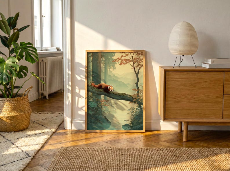 May include: A framed art print featuring a red panda resting on a tree branch in a forest scene. The artwork has a warm color palette with shades of green, brown, and orange. The print is displayed in a room with natural light.