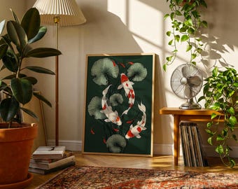Koi Fish Pond Art Print | Shin-Hanga Style, East Asian Decor