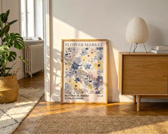 Wildflower Botanical Print | Dusty Blue Floral Wall Art, Cottage Decor