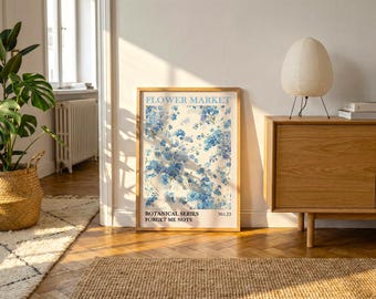 Poster "Non ti scordar di me" / Stampa botanica floreale blu vintage, decorazione in stile cottage
