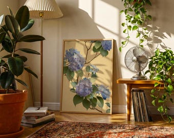 Blue Hydrangea Print, Japanese Floral Illustration, Botanical Wall Art