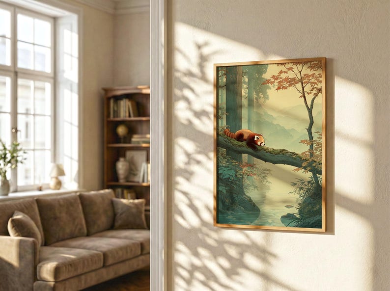 May include: A framed art print depicts a red panda resting on a tree branch in a forest scene. The artwork features a serene landscape with a river, trees, and a soft, warm color palette. The frame is a light brown color.