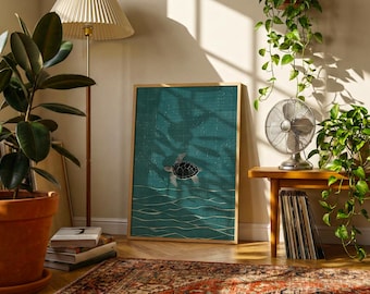 Minimal Sea Turtle Poster | Zen Ocean Wall Art | East Asian Inspired Modern Minimal Print