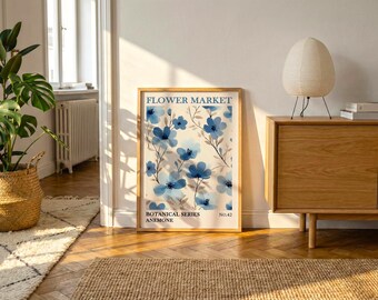 Blue Anemone Botanical Poster | Whimsical Cream Background Flower Print | Minimal Cottagecore Wall Art