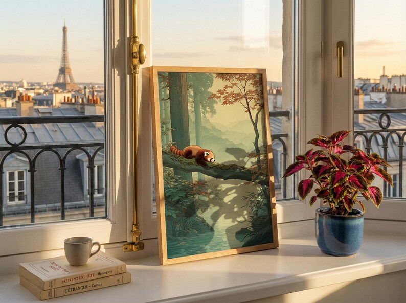 May include: A framed art print featuring a red panda resting on a tree branch in a forest scene. The print is displayed on a windowsill with a view of the Eiffel Tower and Parisian rooftops. A small potted plant and a stack of books are also on the windowsill.