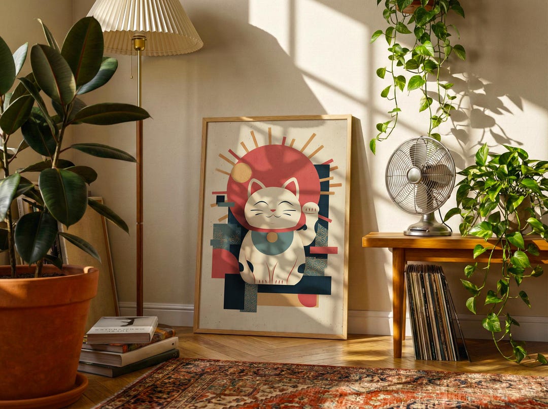 Maneki Neko Poster | Vintage Japanese Lucky Cat Print | Retro Graphic ...