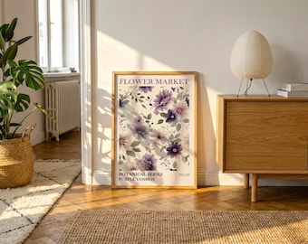 Purple Cosmos Botanical Print | Vintage Floral Wall Art, Romantic Cottage Decor