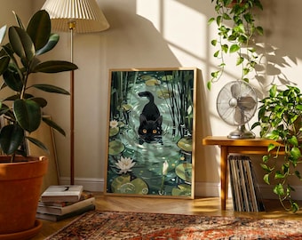 Black Cat Lily Pond Art Print | Teal Green Storybook Wall Decor