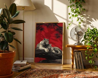 White Tiger Poster | Vintage East Asian Wildlife Wall Art | Crimson Japanese Style Animal Print