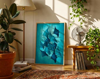 Manta Ray Wall Art Print, Ocean Wildlife Illustration, Blue Underwater Nature Decor
