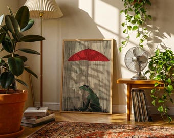 Frog Red Umbrella Print | East Asian Woodblock Style Wall Art