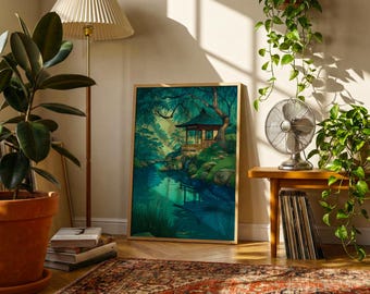 Japanese Garden Pavilion Print | Shin-Hanga Style Twilight Pond Art