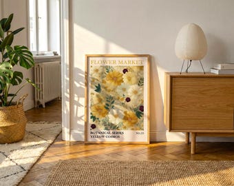 Yellow Cosmos Botanical Print | Vintage Floral Wall Art, Cottage Kitchen Decor