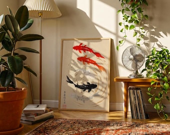 Minimalist Koi Fish Poster | East Asian Ink Style Print | Zen Circular Koi Wall Art