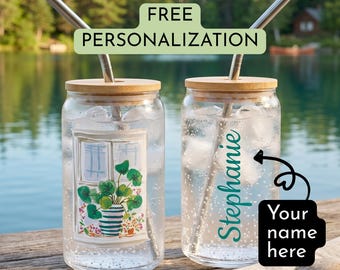 Personalized Cottagecore Plant Glass Can Tumbler with Bamboo Lid and Straw