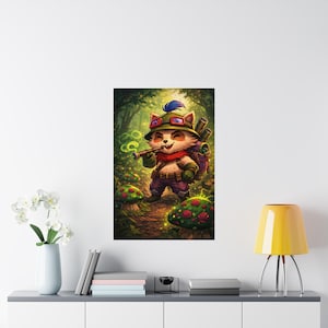 May include: A vibrant illustration of a cartoon character in a forest setting. The character, a furry creature, wears a hat, goggles, and a backpack, and is smoking a pipe. The background features lush greenery and glowing mushrooms.