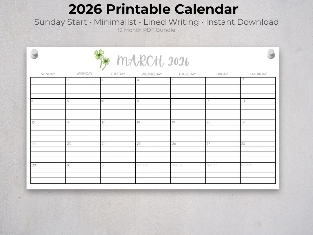 2026 Minimalist Printable Calendar | Sunday Start Monthly Planner ...