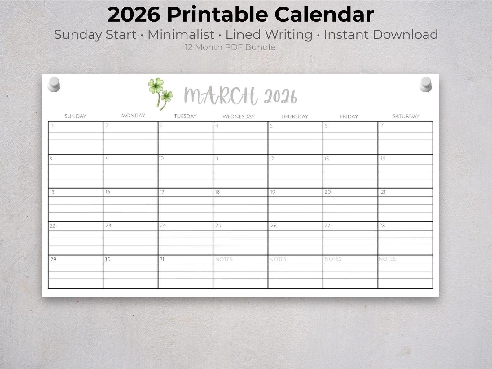 2026 Minimalist Printable Calendar | Sunday Start Monthly Planner ...