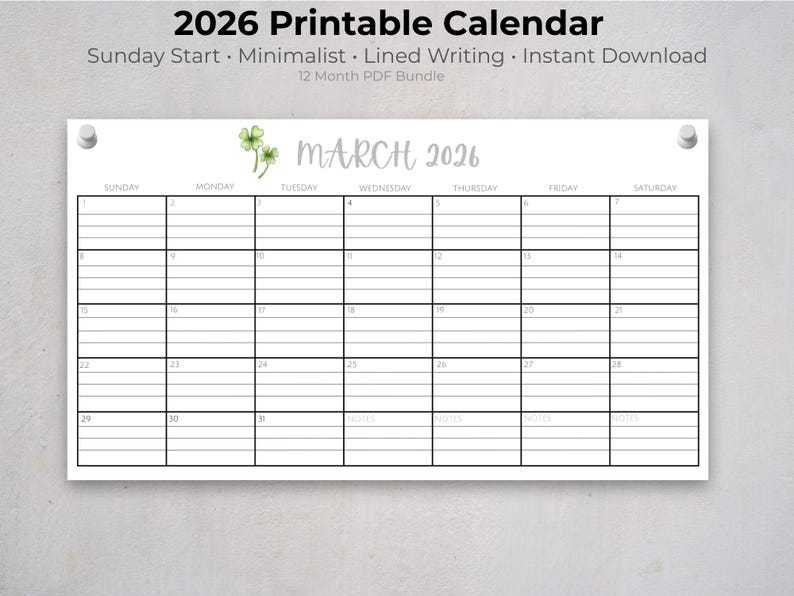 2026 Minimalist Printable Calendar | Sunday Start Monthly Planner ...