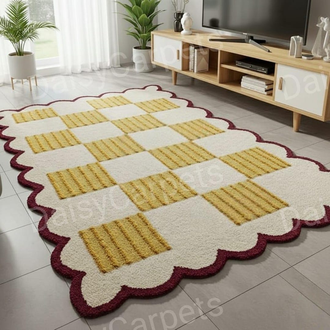 Tufted Check Rug Hand Tufted Checkered Area Rug With Scalloped Border, Mustard & Ivory ...