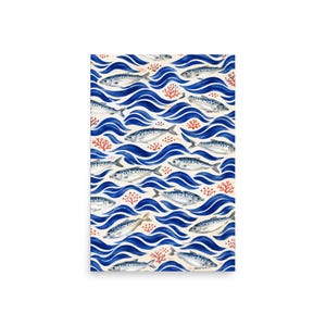 Sardine Wall Art, Mediterranean Fish Print, Blue Wave and Coral Poster, Coastal Kitchen and Beach House Decor