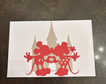 Mickey and Minnie in Front of Castle Flat Card- Back Blank for Writing- Wedding, Valentine's, Anniversary, Birthday