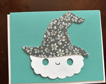 Cutesy Kawaii Cloud with Floral Witch Hat Folded Greeting Card- Blank Inside