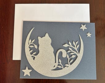 Witchy Cat and Moon Folded Greeting Card- Blank Inside