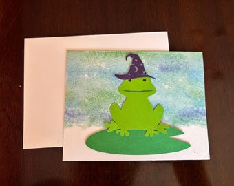 Witchy Frog on Lily Pad Folded Greeting Card- Blank Inside- Whimsical, Cottage Core, Magic